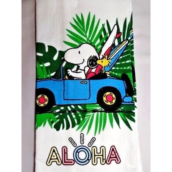 Peanuts Aloha Snoopy Woodstock 2 Kitchen Towels Blue Car Surfboards Tropical - Picture 2 of 3